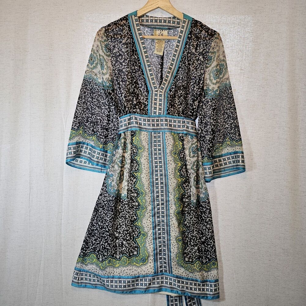 ICE Dress Turquoise Black Green Kimono Style Sash Built In Slip Size 6